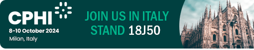 Banner for CPHI event taking place in Milan, Italy from October 8-10, 2024. The text reads "Join us in Italy, Stand 18J50." The background includes an image of Milan's Duomo.