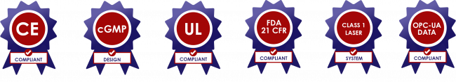 red and blue ribbons displaying compliance for CE, cGMP, UL, FDA 21 CFR, Class 1 Laser and OPC-UA Data